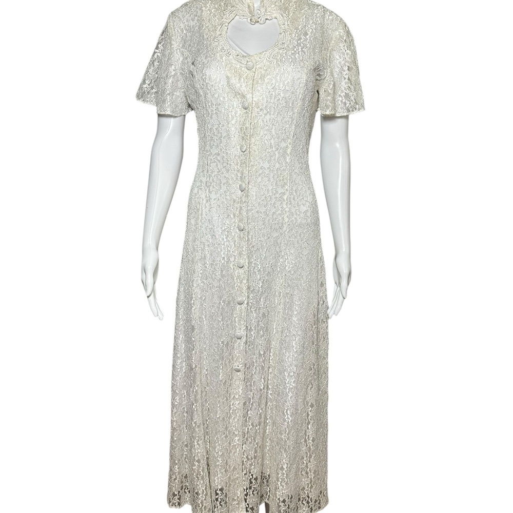 Vtg Jodi Lace Overlay White Flutter Sleeve Sweetheart Maxi Dress SP